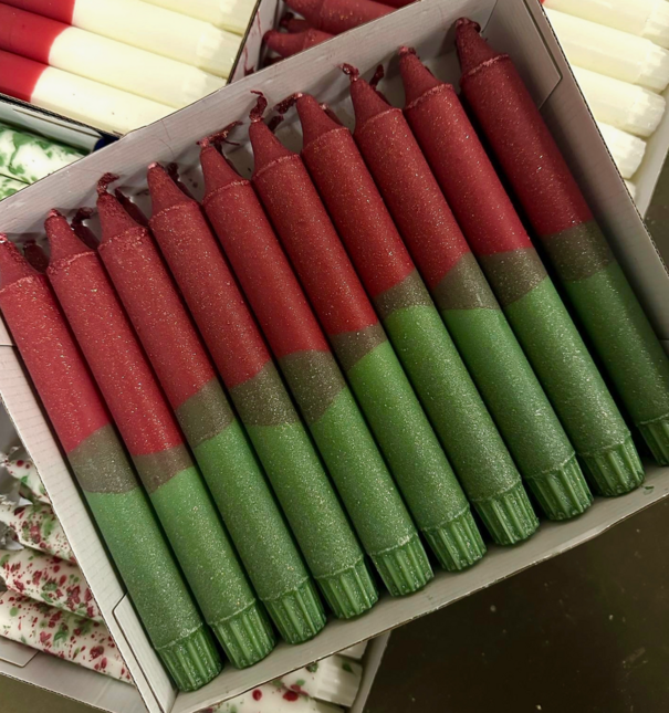 Christmas Striped Candles, Green/Red Glitter